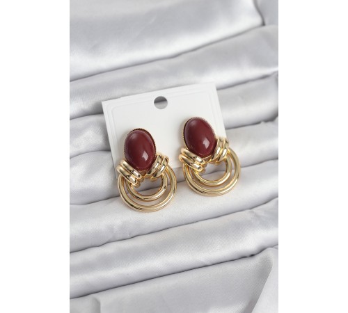 Pirinç Gold Renk Bordo Taşlı Vintage Kadın Küpe