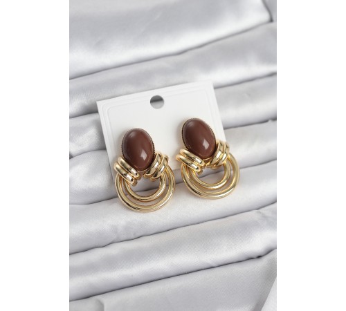 Pirinç Gold Renk Kahverengi Taşlı Vintage Kadın Küpe