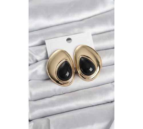 Pirinç Gold Renk Siyah Taşlı Damla Model Vintage Kadın Küpe