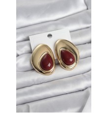Pirinç Gold Renk Bordo Taşlı Damla Model Vintage Kadın Küpe