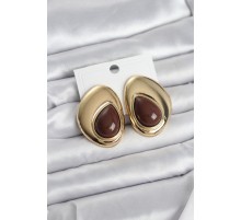 Pirinç Gold Renk Kahverengi Taşlı Damla Model Vintage Kadın Küpe