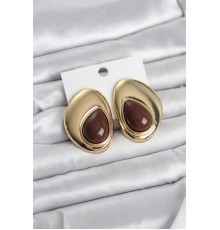 Pirinç Gold Renk Kahverengi Taşlı Damla Model Vintage Kadın Küpe
