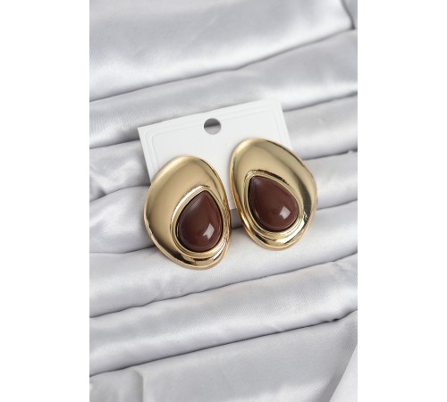 Pirinç Gold Renk Kahverengi Taşlı Damla Model Vintage Kadın Küpe