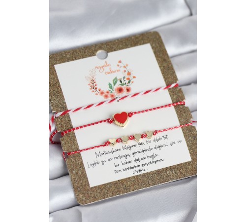 Marteniçka Bileklik 3'lü Kırmızı Mineli Kalp Model