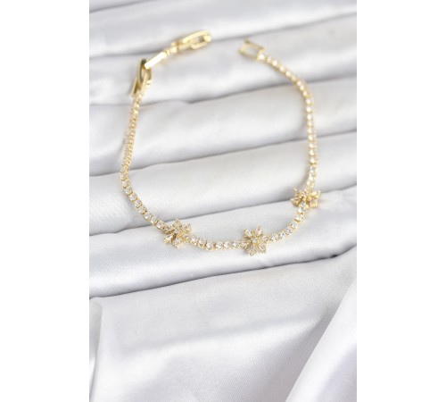 Pirinç Gold Renk Çiçek Model Zirkon Taşlı Su Yolu Kadın Bileklik