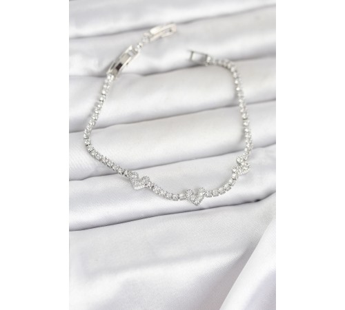 Pirinç Gümüş Renk Kalp Model Zirkon Taşlı Su Yolu Kadın Bileklik