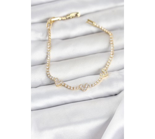 Pirinç Gold Renk Kalp Model Zirkon Taşlı Su Yolu Kadın Bileklik