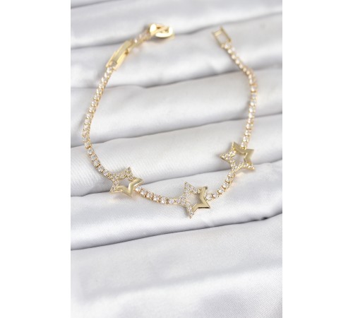 Pirinç Gold Renk Yıldız Model Zirkon Taşlı Su Yolu Kadın Bileklik