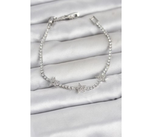 Pirinç Gümüş Renk Minimal Yıldız Model Zirkon Taşlı Su Yolu Kadın Bileklik