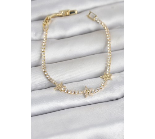 Pirinç Gold Renk Minimal Yıldız Model Zirkon Taşlı Su Yolu Kadın Bileklik