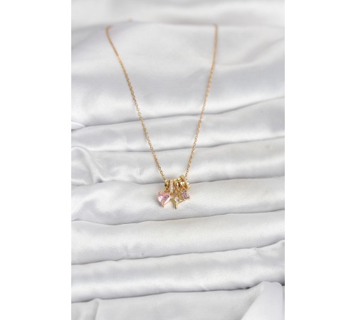 316L Çelik Gold Pembe Zirkon Taşlı Charmlı Kadın Kolye