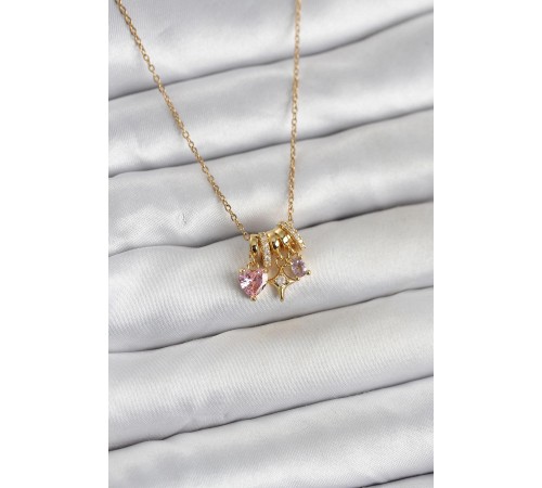 316L Çelik Gold Pembe Zirkon Taşlı Charmlı Kadın Kolye