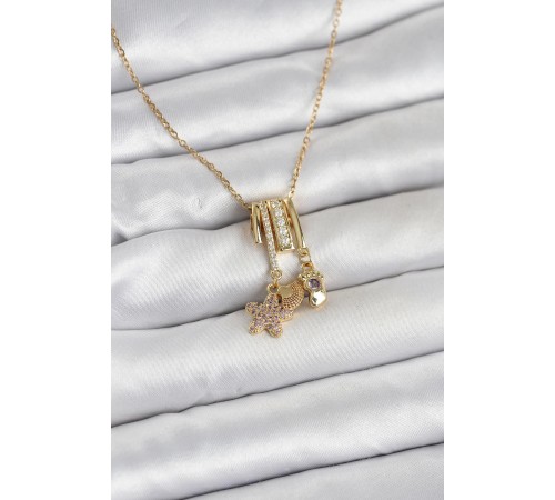 316L Çelik Gold Zirkon Taşlı Deniz Tema Charmlı Kadın Kolye