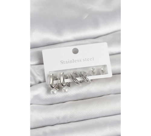 316L Çelik Gümüş Renk Kadın Küpe Seti