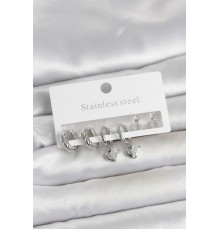 316L Çelik Gümüş Renk Kalp Detaylı Kadın Küpe Seti