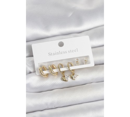 316L Çelik Gold Renk Kalp Detaylı Kadın Küpe Seti