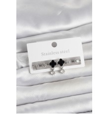 316L Çelik Gümüş Renk Yonca Detaylı Kadın Küpe Seti