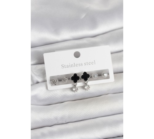 316L Çelik Gümüş Renk Yonca Detaylı Kadın Küpe Seti