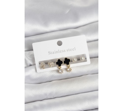 316L Çelik Gold Renk Yonca Detaylı Kadın Küpe Seti