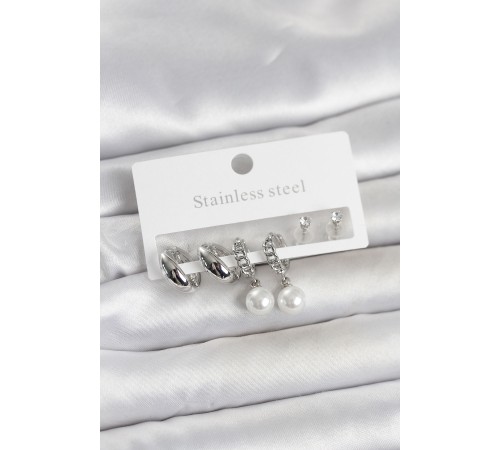 316L Çelik Gümüş Renk inci Halka Detaylı Kadın Küpe Seti