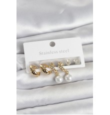 316L Çelik Gold Renk inci Halka Detaylı Kadın Küpe Seti