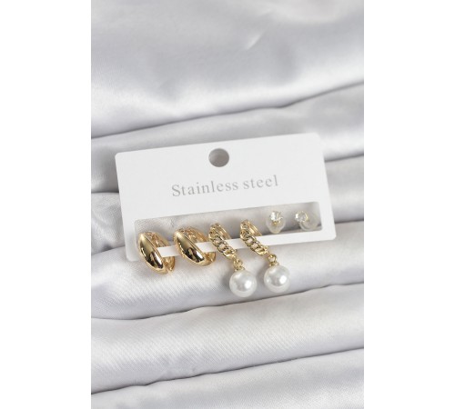 316L Çelik Gold Renk inci Halka Detaylı Kadın Küpe Seti