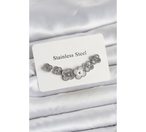 316L Çelik Gümüş Renk Yonca Küpe Seti