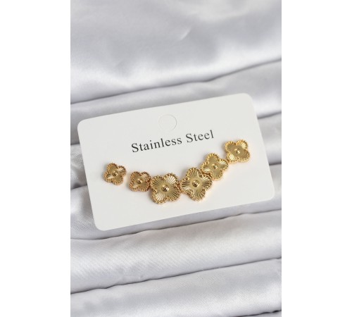 316L Çelik Gold Renk Yonca Küpe Seti