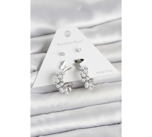 Pirinç Gümüş Renk Kelebek Detaylı Kadın Küpe Seti