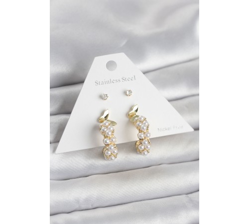 Pirinç Gold Renk Kelebek Detaylı Kadın Küpe Seti