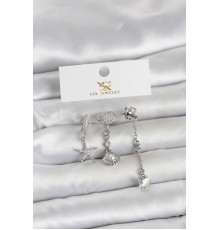 Pirinç Gümüş Renk Zirkon Taşlı Deniz Temalı 3'lü Kadın Küpe