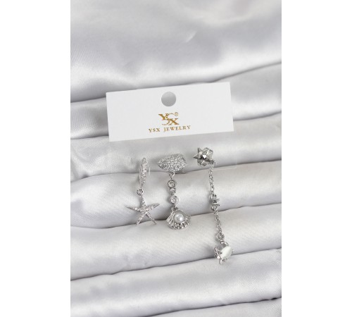 Pirinç Gümüş Renk Zirkon Taşlı Deniz Temalı 3'lü Kadın Küpe