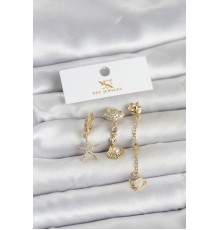 Pirinç Gold Renk Zirkon Taşlı Deniz Temalı 3'lü Kadın Küpe