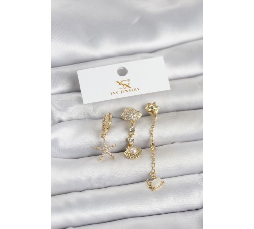 Pirinç Gold Renk Zirkon Taşlı Deniz Temalı 3'lü Kadın Küpe