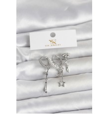 Pirinç Gümüş Renk Zirkon Taşlı Gece Temalı 3'lü Kadın Küpe