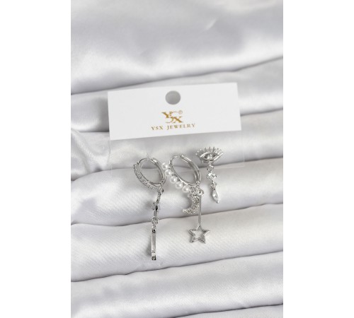 Pirinç Gümüş Renk Zirkon Taşlı Gece Temalı 3'lü Kadın Küpe