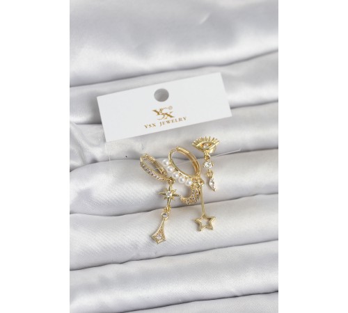 Pirinç Gold Renk Zirkon Taşlı Gece Temalı 3'lü Kadın Küpe