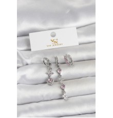 Pirinç Gümüş Renk Pembe Zirkon Taşlı 3'lü Kadın Küpe