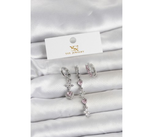 Pirinç Gümüş Renk Pembe Zirkon Taşlı 3'lü Kadın Küpe