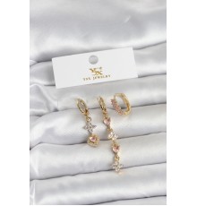 Pirinç Gold Renk Pembe Zirkon Taşlı 3'lü Kadın Küpe