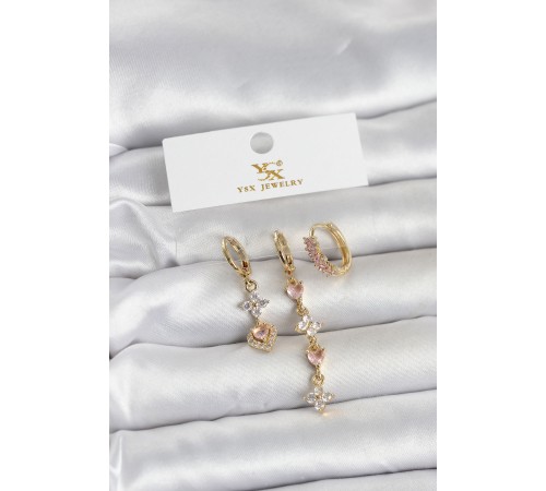 Pirinç Gold Renk Pembe Zirkon Taşlı 3'lü Kadın Küpe