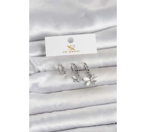 Pirinç Gümüş Renk Kelebek Model 3'lü Kadın Küpe