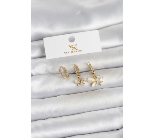 Pirinç Gold Renk Kelebek Model 3'lü Kadın Küpe