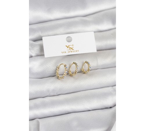 Pirinç Gold Renk Nazarlı Model 3'lü Kadın Küpe