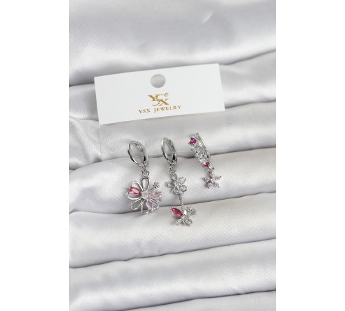 Pirinç Gümüş Renk Çiçek Model 3'lü Kadın Küpe