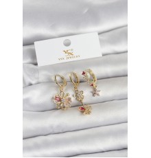 Pirinç Gold Renk Çiçek Model 3'lü Kadın Küpe
