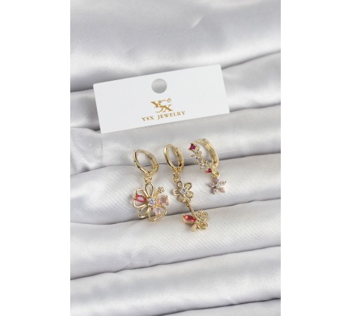 Pirinç Gold Renk Çiçek Model 3'lü Kadın Küpe