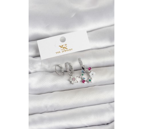 Pirinç Gümüş Renk Çiçek Model 3'lü Kadın Küpe