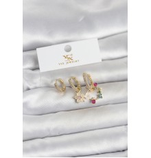 Pirinç Gold Renk Çiçek Model 3'lü Kadın Küpe