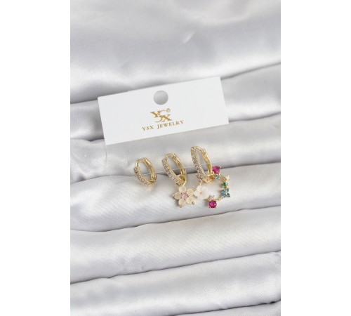 Pirinç Gold Renk Çiçek Model 3'lü Kadın Küpe